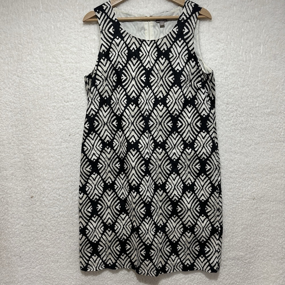 J Jill Womens‎ Black Beige Tribal Print Linen Sleeveless Sheath Dress Size 10